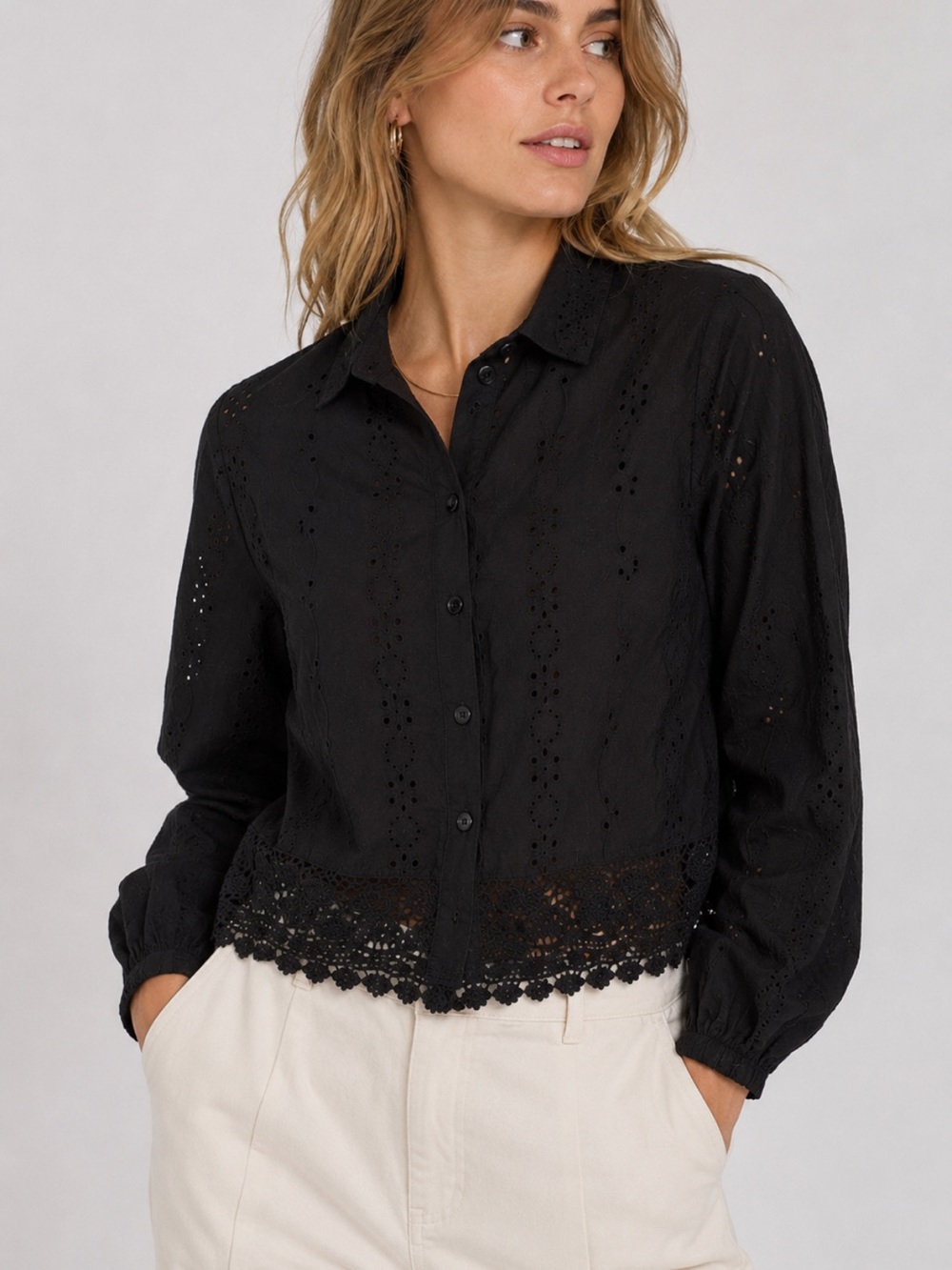 Zara Lace Eyelet Crop Long Sleeve Button Down Shirt in Black